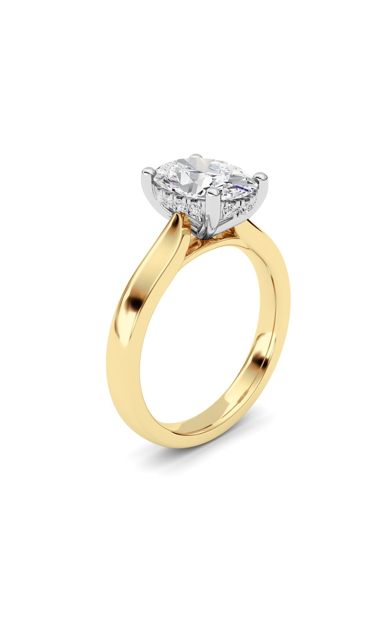 2CTW Oval Shaped Lab Grown Diamond (F/VS) Hidden Halo Cathedral Shank Engagement Ring in 14K Gold, 14K Yellow Gold|14K White Gold
