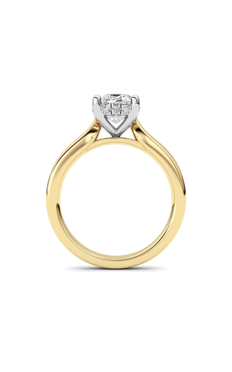 2CTW Oval Shaped Lab Grown Diamond (F/VS) Hidden Halo Cathedral Shank Engagement Ring in 14K Gold