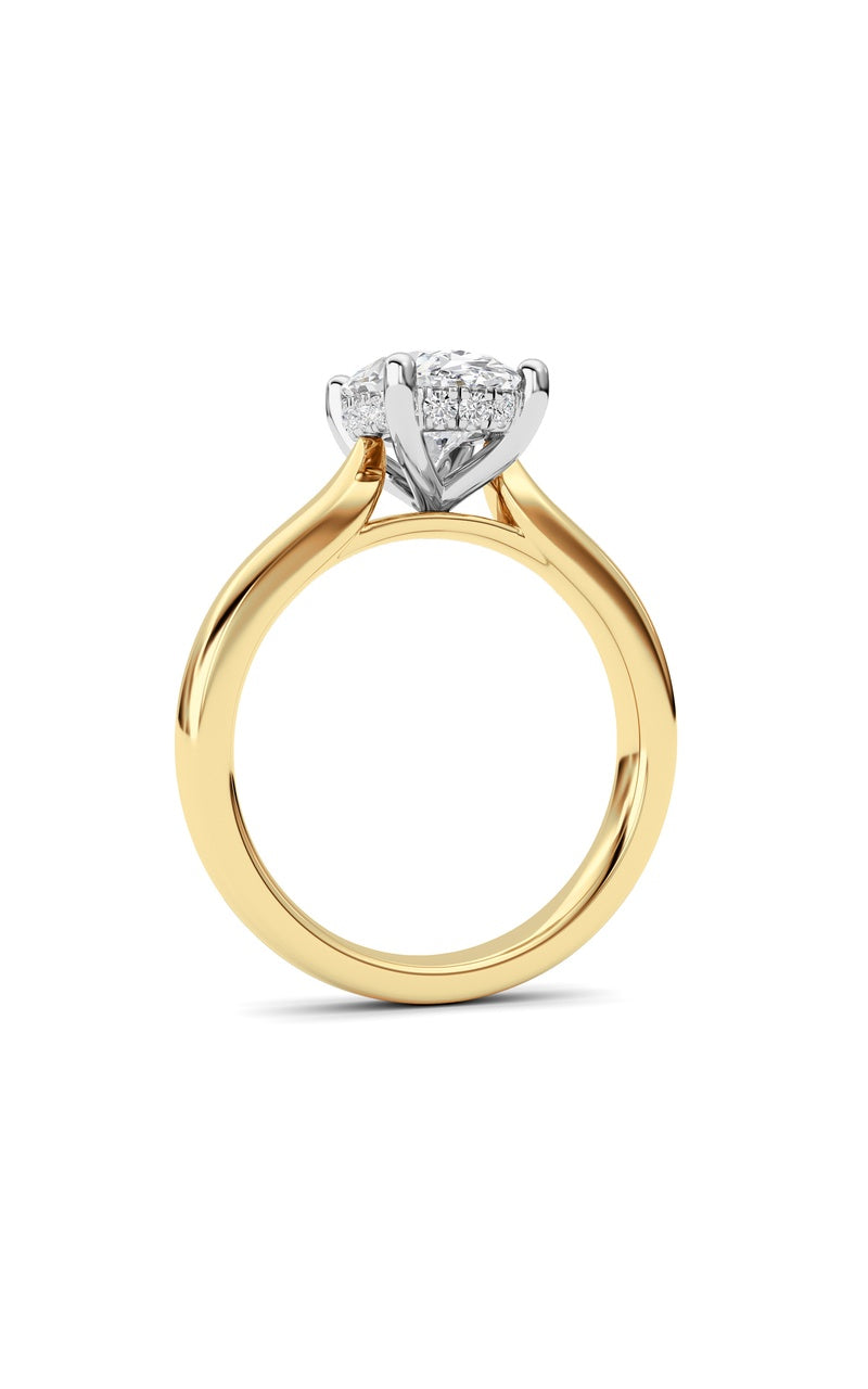2CTW Oval Shaped Lab Grown Diamond (F/VS) Hidden Halo Cathedral Shank Engagement Ring in 14K Gold