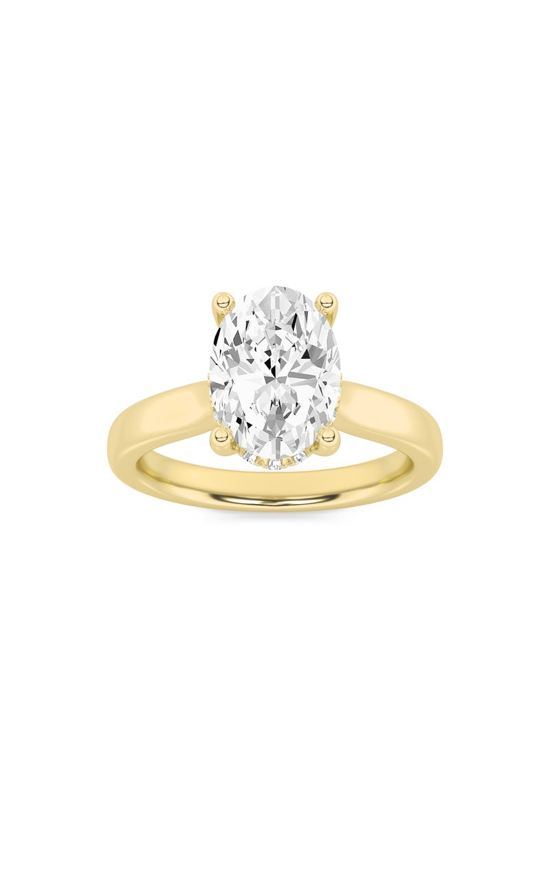 3Cttw Oval Shaped Lab Grown Diamond (F/VS) HiddenHalo Cathedral Shank Engagement Ring in 14K Gold