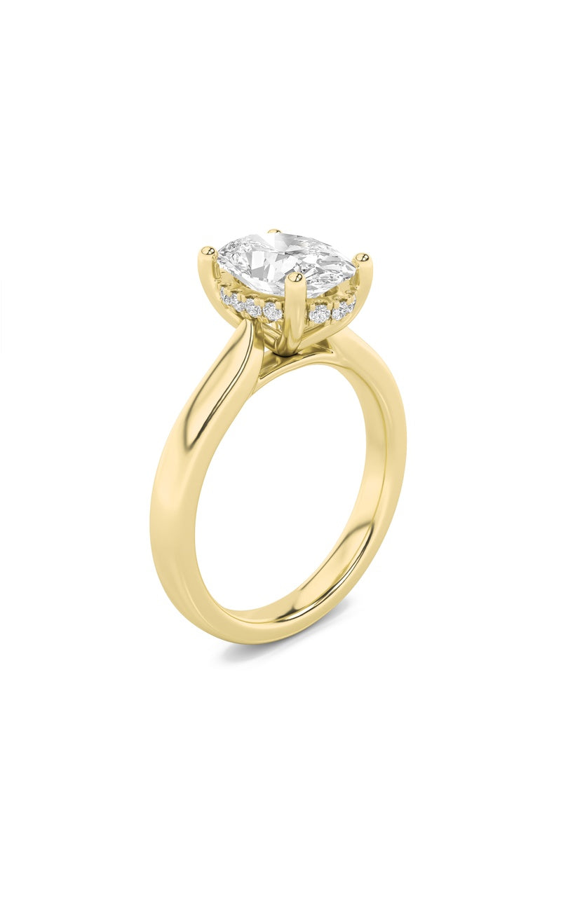 3CTW Oval Shaped Lab Grown Diamond (F/VS) Hidden Halo Cathedral Shank Engagement Ring in 14K Gold