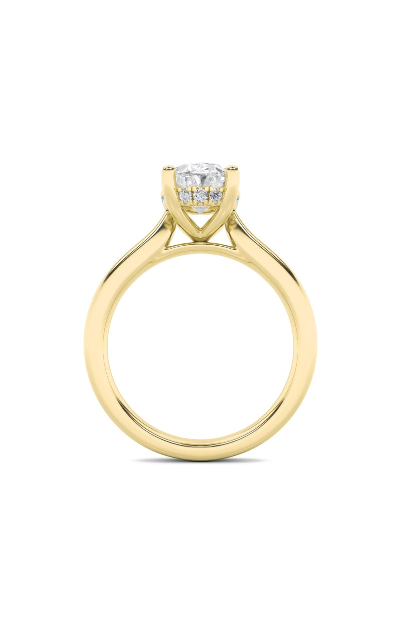 3CTW Oval Shaped Lab Grown Diamond (F/VS) Hidden Halo Cathedral Shank Engagement Ring in 14K Gold