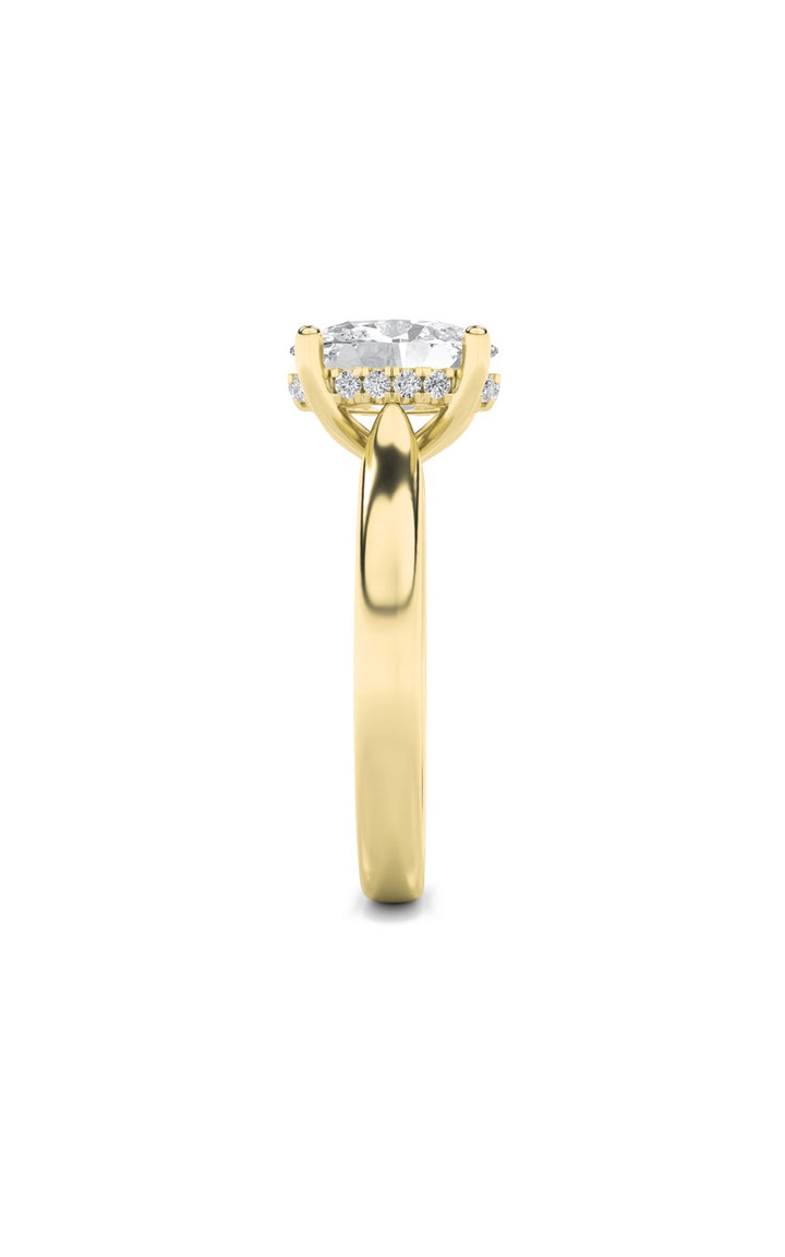 3CTW Oval Shaped Lab Grown Diamond (F/VS) Hidden Halo Cathedral Shank Engagement Ring in 14K Gold