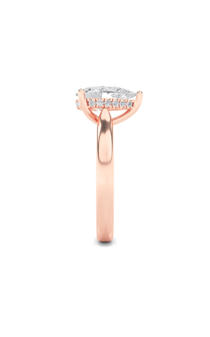 1CTW Pear Shaped Lab Grown Diamond (F/VS) Hidden Halo Cathedral Shank Engagement Ring in 14K Gold