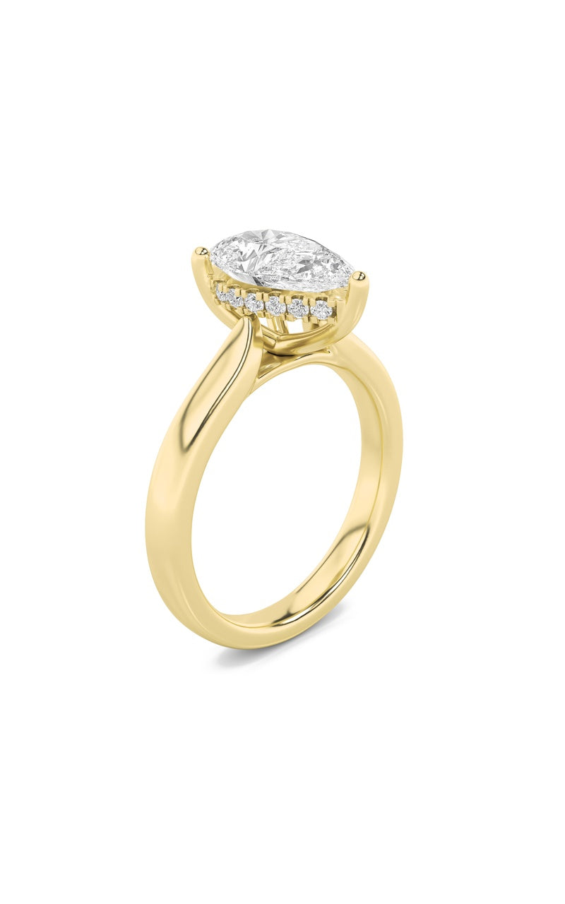 2CTW Pear Shaped Lab Grown Diamond (F/VS) Hidden Halo Cathedral Shank Engagement Ring in 14K Gold