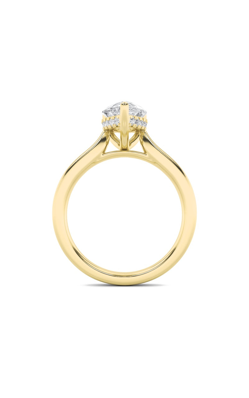 2CTW Pear Shaped Lab Grown Diamond (F/VS) Hidden Halo Cathedral Shank Engagement Ring in 14K Gold