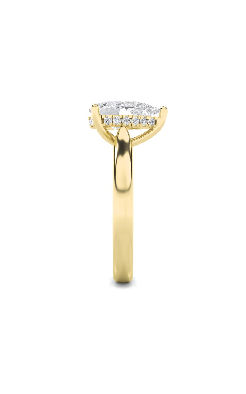 2CTW Pear Shaped Lab Grown Diamond (F/VS) Hidden Halo Cathedral Shank Engagement Ring in 14K Gold