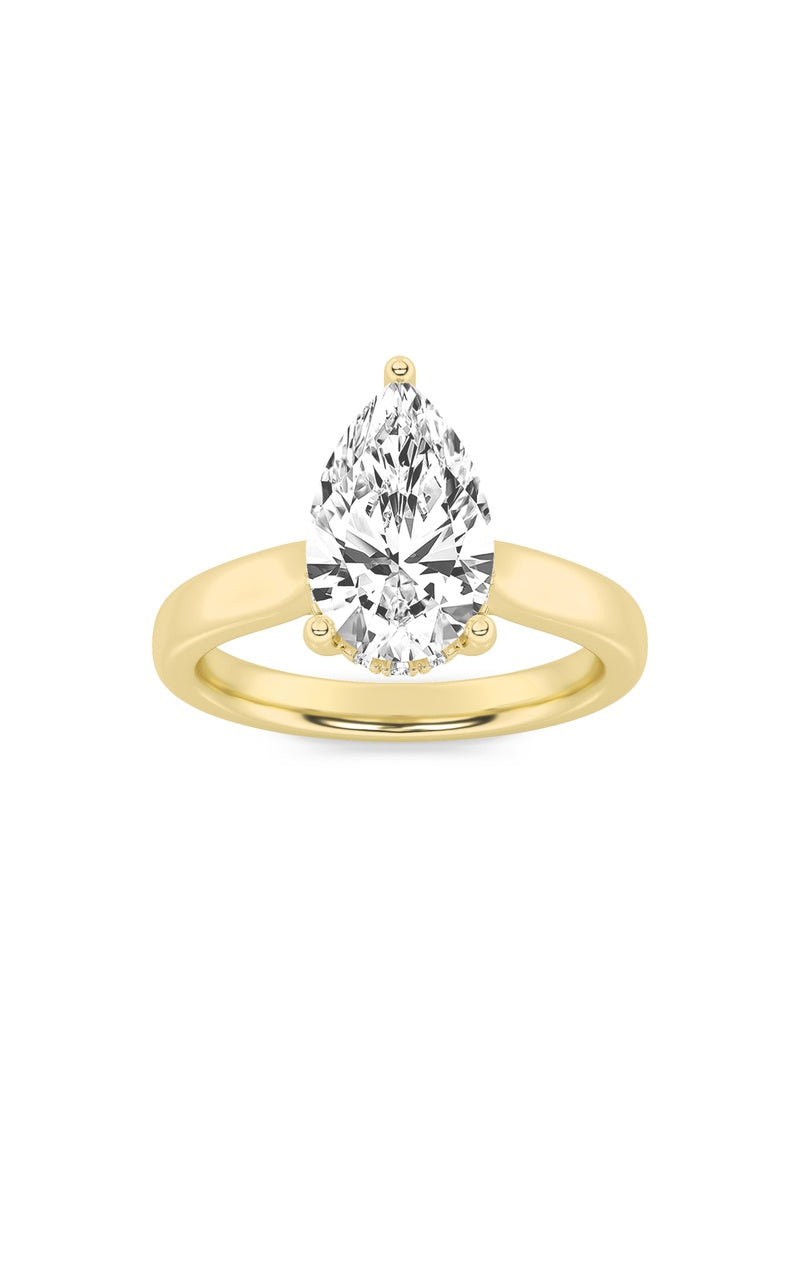3Cttw Pear Shaped Lab Grown Diamond (F/VS) HiddenHalo Cathedral Shank Engagement Ring in 14K Gold