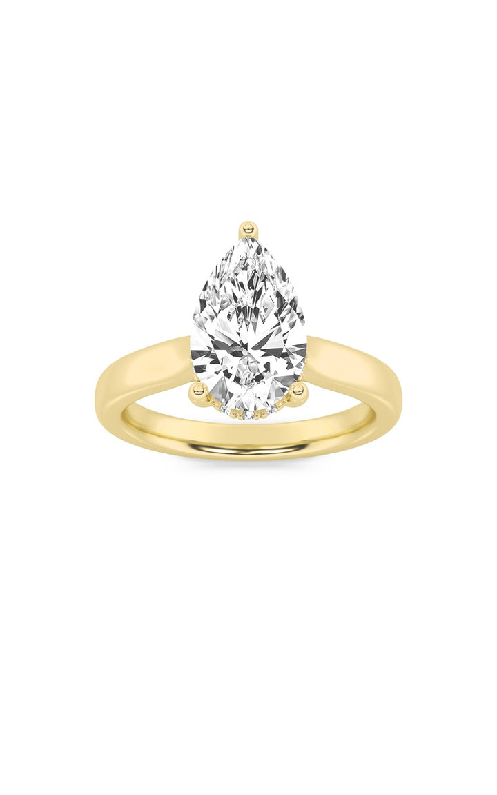 3Cttw Pear Shaped Lab Grown Diamond (F/VS) HiddenHalo Cathedral Shank Engagement Ring in 14K Gold
