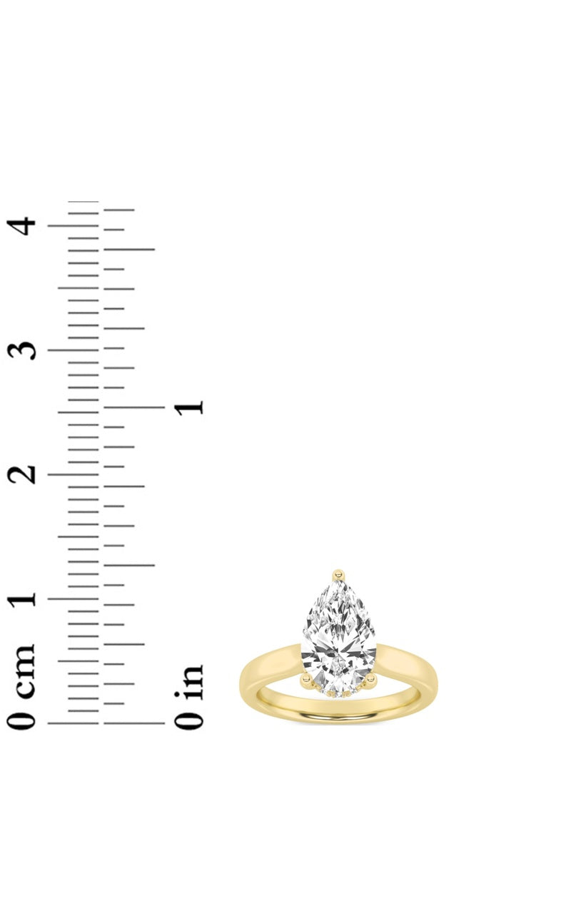 3CTW Pear Shaped Lab Grown Diamond (F/VS) Hidden Halo Cathedral Shank Engagement Ring in 14K Gold