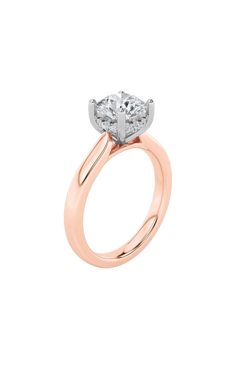 3CTW Round Shaped Lab Grown Diamond (F/VS) Hidden Halo Cathedral Shank Engagement Ring in 14K Gold