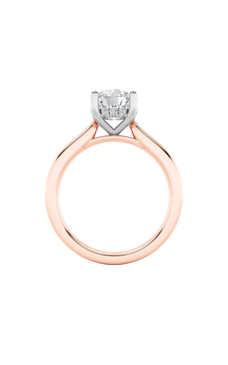 3CTW Round Shaped Lab Grown Diamond (F/VS) Hidden Halo Cathedral Shank Engagement Ring in 14K Gold