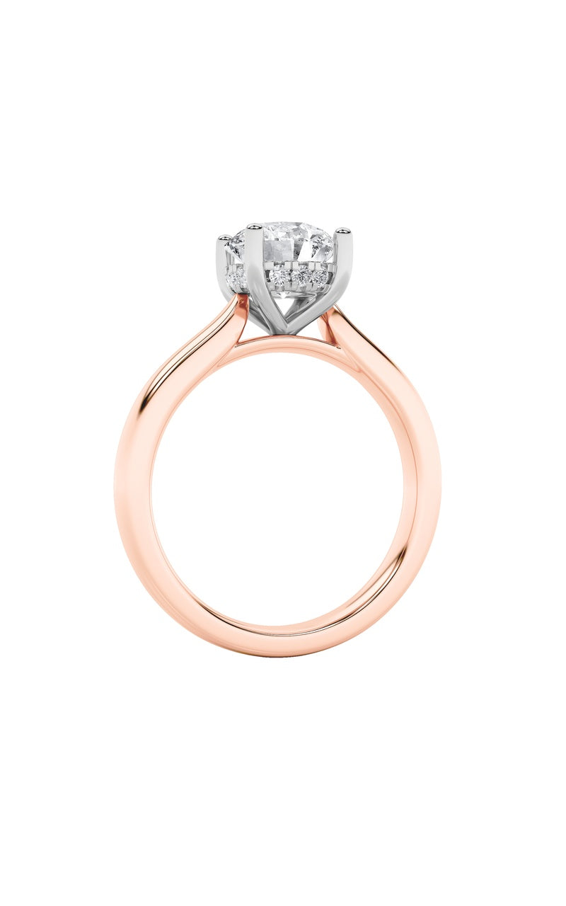 3CTW Round Shaped Lab Grown Diamond (F/VS) Hidden Halo Cathedral Shank Engagement Ring in 14K Gold