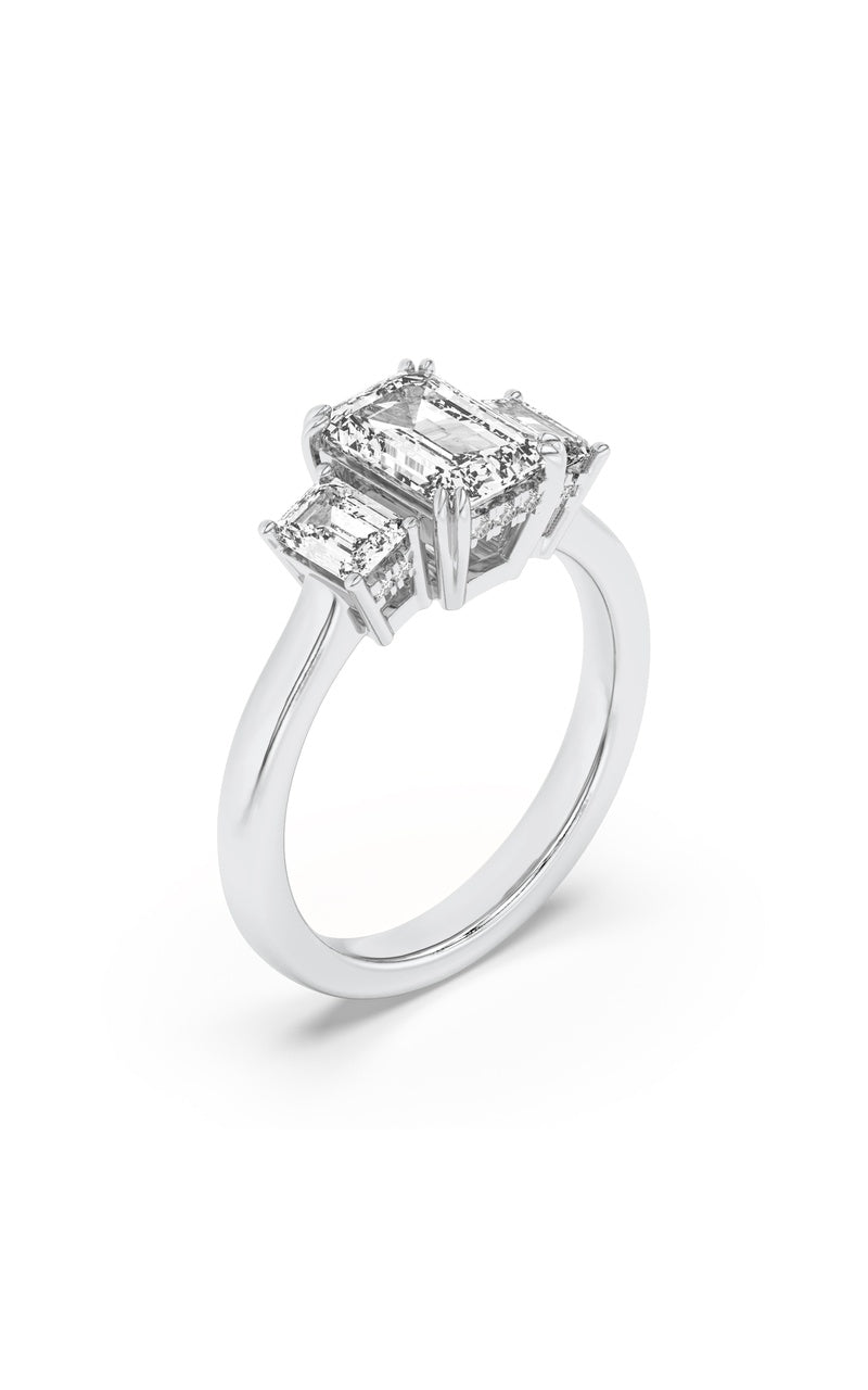 3CTW Emerald Shaped Lab Grown Diamond (F/VS) Three Stone Accented Ring in 14K Gold
