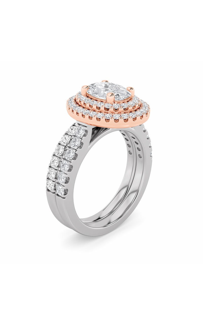 2CTW Oval Shaped Lab Grown Diamond (F/VS) Double Halo Bridal Set Engagement Ring Set in 14K Gold