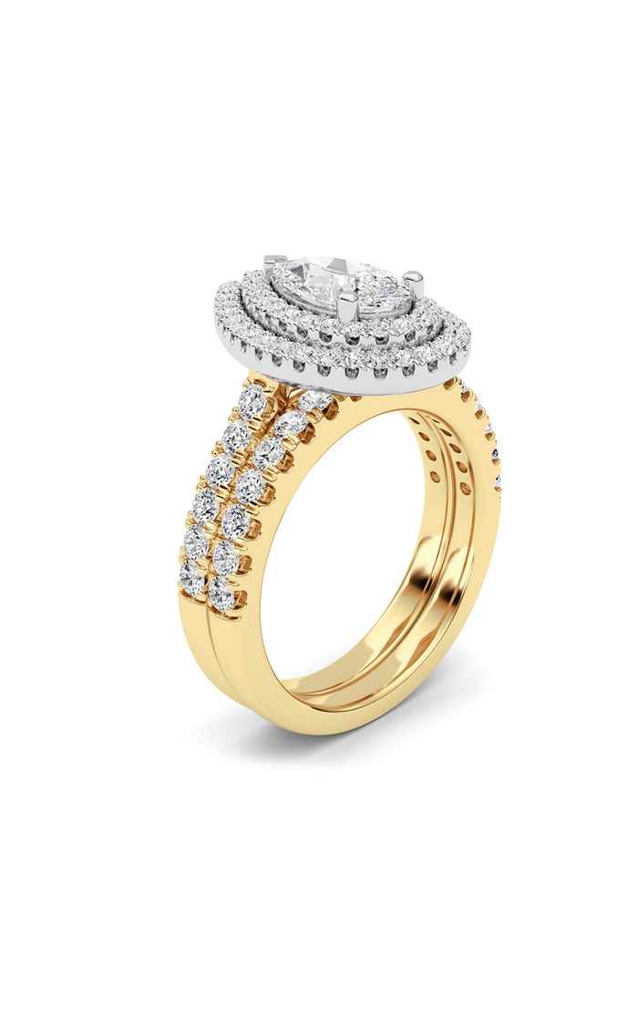 2CTW Pear Shaped Lab Grown Diamond (F/VS) Double Halo Bridal Set Engagement Ring Set in 14K Gold