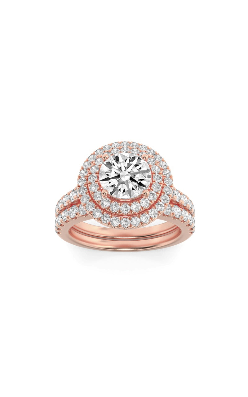 2CTW Round Shaped Lab Grown Diamond (F/VS) Double Halo Bridal Set Engagement Ring Set in 14K Gold
