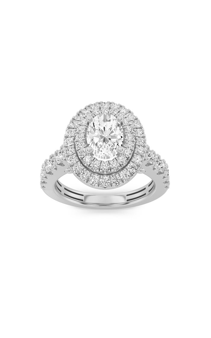 2CTW Oval Shaped Lab Grown Diamond (F/VS) Double Halo Engagement Ring in 14K Gold