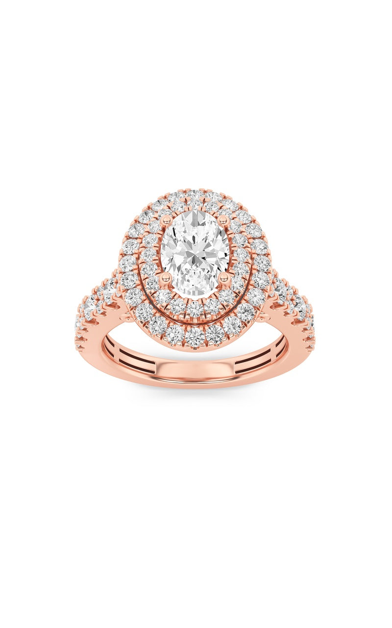 2CTW Oval Shaped Lab Grown Diamond (F/VS) Double Halo Engagement Ring in 14K Gold