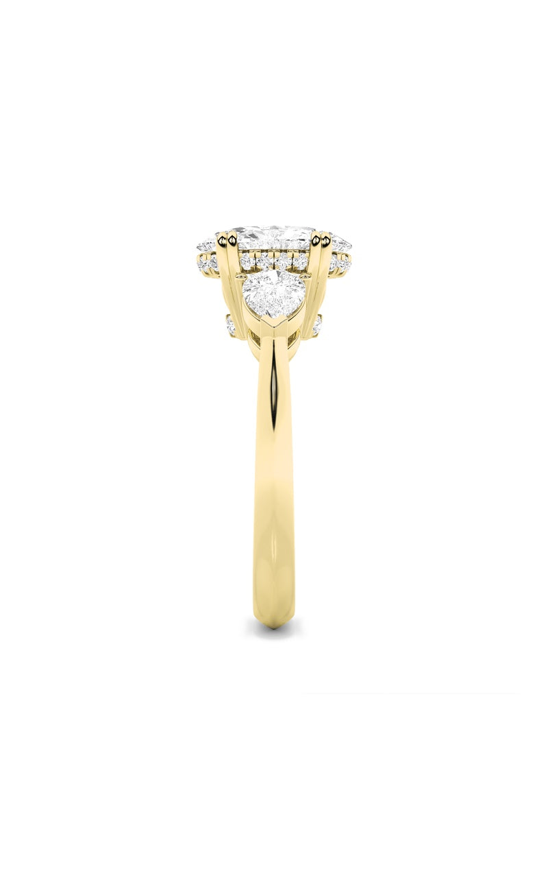 3CTW Oval Shaped Lab Grown Diamond (F/VS) Three Stone Hidden Halo Ring in 14K Gold