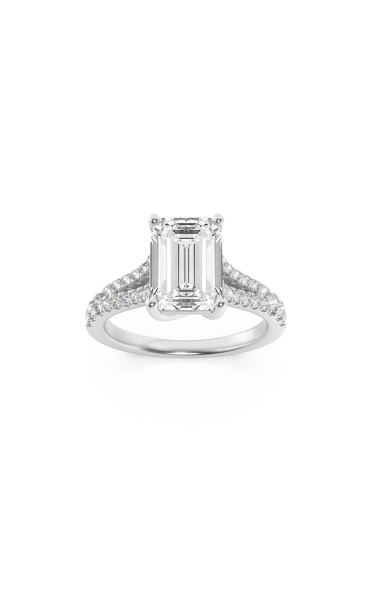 2CTW Emerald Shaped Lab Grown Diamond (F/VS) Split Shank Trellis Engagement Ring in 14K Gold