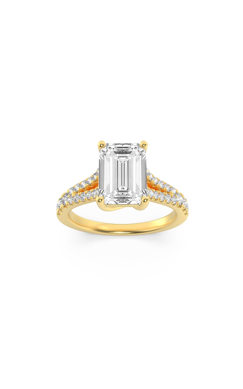 2Cttw Emerald Shaped Lab Grown Diamond (F/VS) Split Shank Trellis Engagement Ring in 14K Gold