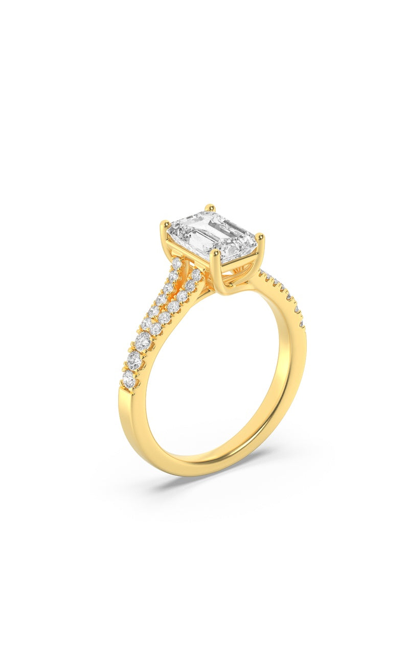 2CTW Emerald Shaped Lab Grown Diamond (F/VS) Split Shank Trellis Engagement Ring in 14K Gold