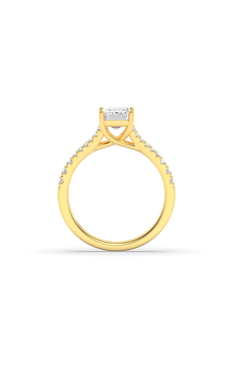 2CTW Emerald Shaped Lab Grown Diamond (F/VS) Split Shank Trellis Engagement Ring in 14K Gold