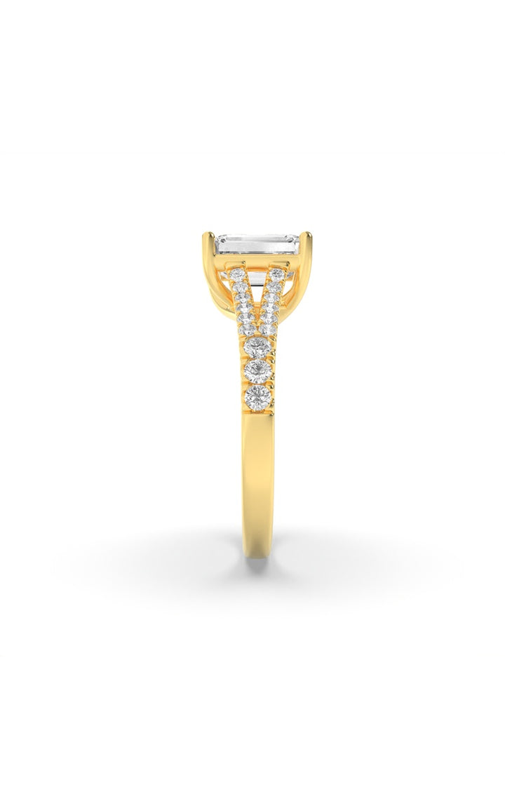 2CTW Emerald Shaped Lab Grown Diamond (F/VS) Split Shank Trellis Engagement Ring in 14K Gold