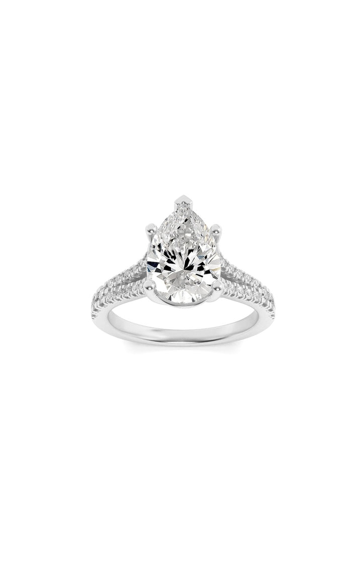 2CTW Pear Shaped Lab Grown Diamond (F/VS) Split Shank Trellis Engagement Ring in 14K Gold
