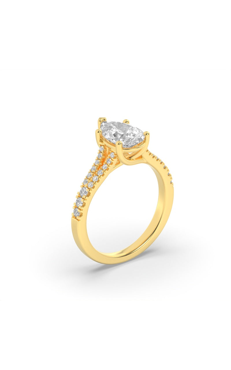 2CTW Pear Shaped Lab Grown Diamond (F/VS) Split Shank Trellis Engagement Ring in 14K Gold