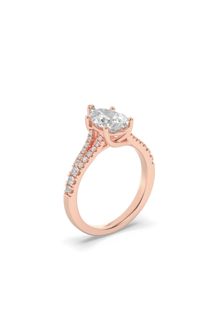 2CTW Pear Shaped Lab Grown Diamond (F/VS) Split Shank Trellis Engagement Ring in 14K Gold