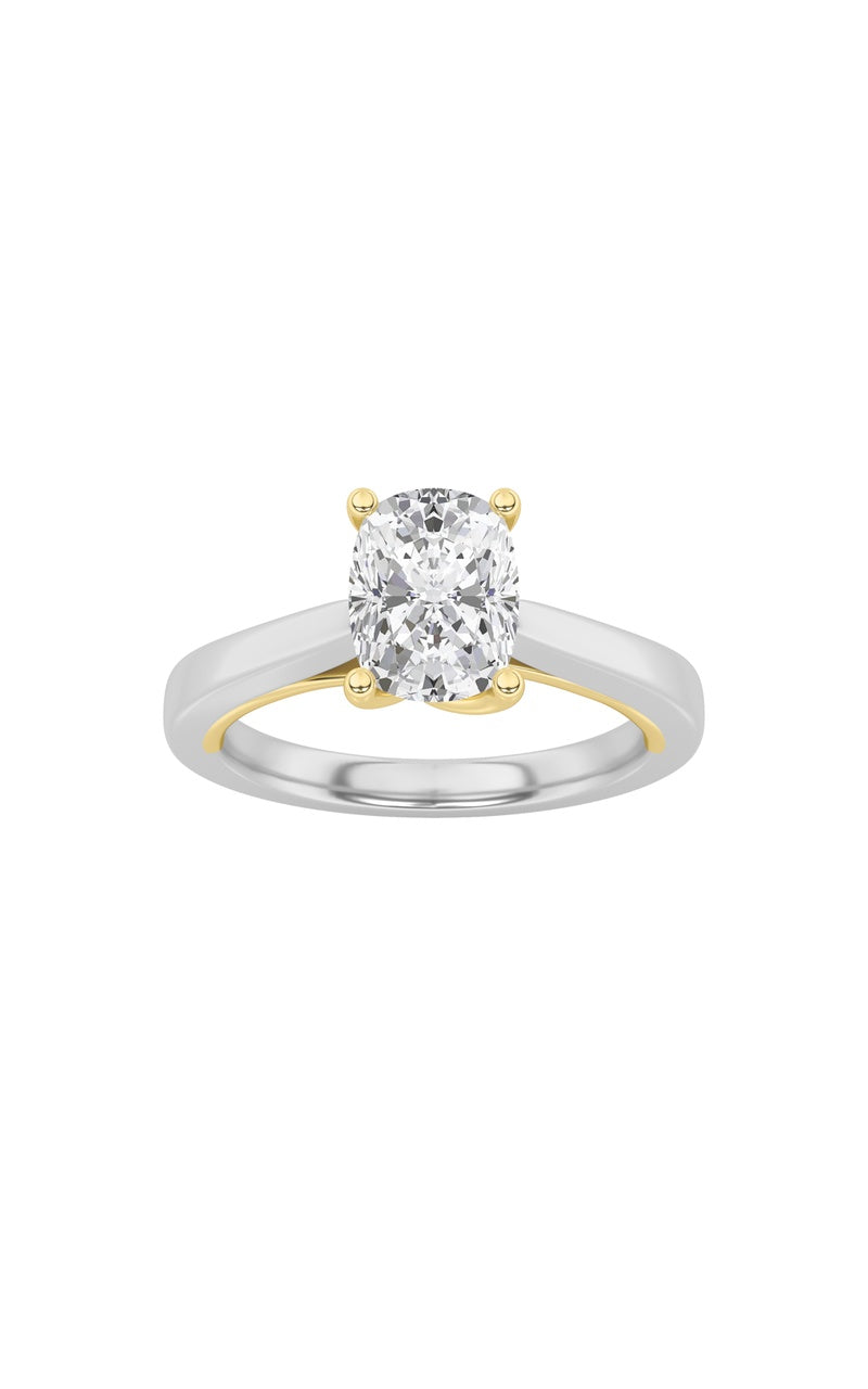 1CTW Elongated Cushion Shaped Lab Grown Diamond (F/VS) Two Tone Twisted Basket Cathedral Shank Solitaire Ring in 14K Gold