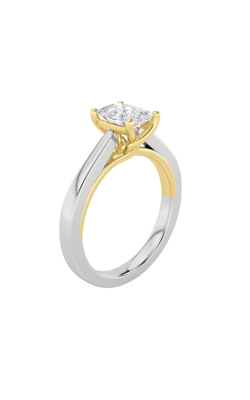 1Cttw Elongated Cushion Shaped Lab Grown Diamond (F/VS) Two Tone Twisted Basket Cathedral Shank Solitaire Ring in 14K Gold
