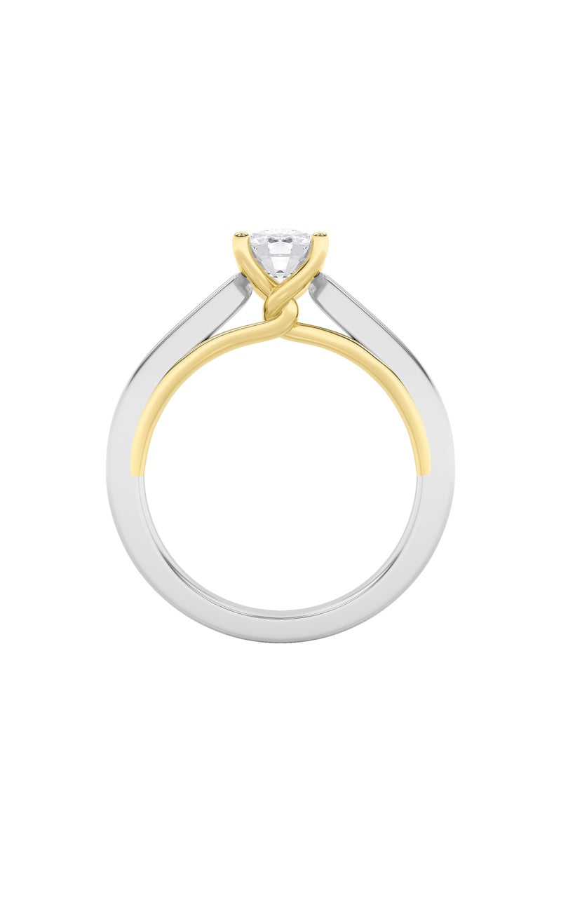 1CTW Elongated Cushion Shaped Lab Grown Diamond (F/VS) Two Tone Twisted Basket Cathedral Shank Solitaire Ring in 14K Gold