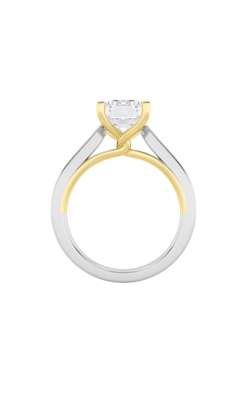 2CTW Emerald Shaped Lab Grown Diamond (F/VS) Two Tone Twisted Basket Cathedral Shank Solitaire Ring in 14K Gold