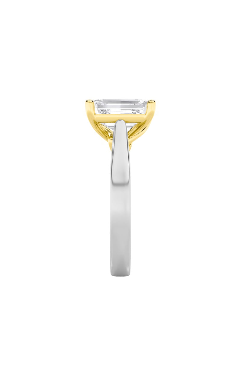 2CTW Emerald Shaped Lab Grown Diamond (F/VS) Two Tone Twisted Basket Cathedral Shank Solitaire Ring in 14K Gold