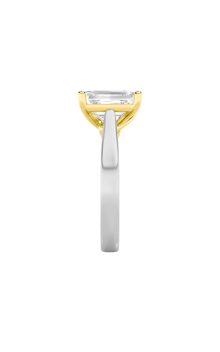 2CTW Emerald Shaped Lab Grown Diamond (F/VS) Two Tone Twisted Basket Cathedral Shank Solitaire Ring in 14K Gold
