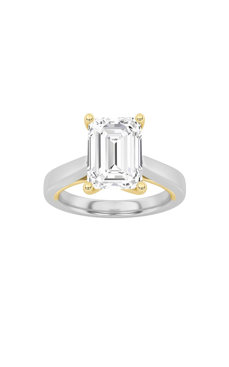 3CTW Emerald Shaped Lab Grown Diamond (F/VS) Two Tone Twisted Basket Cathedral Shank Solitaire Ring in 14K Gold