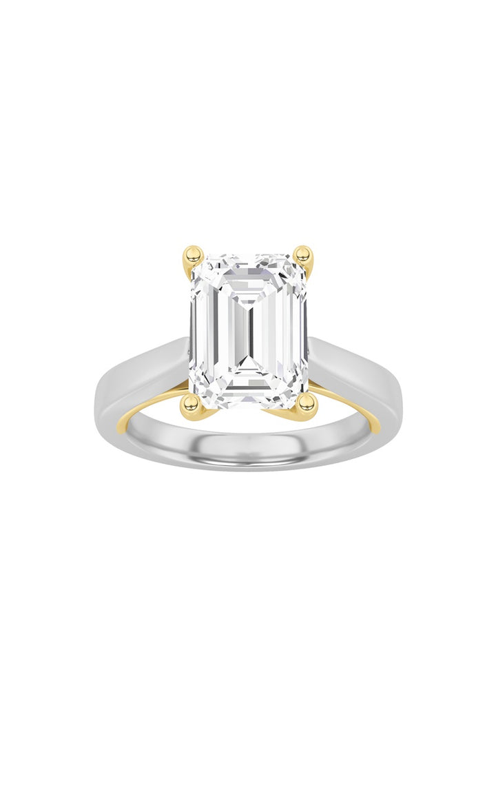 3CTW Emerald Shaped Lab Grown Diamond (F/VS) Two Tone Twisted Basket Cathedral Shank Solitaire Ring in 14K Gold