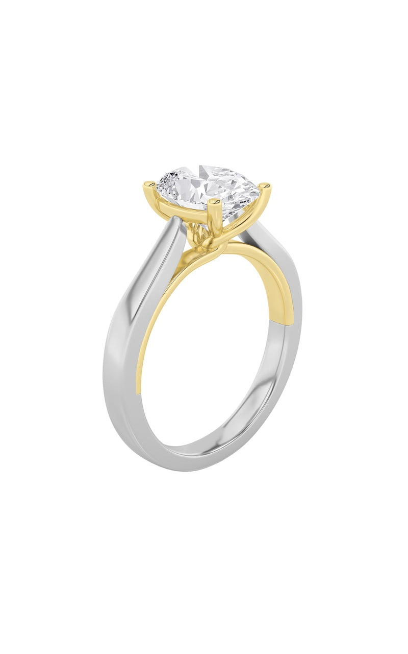 2CTW Oval Shaped Lab Grown Diamond (F/VS) Two Tone Twisted Basket Cathedral Shank Solitaire Ring in 14K Gold
