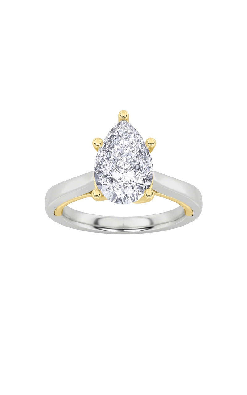 1Cttw Pear Shaped Lab Grown Diamond (F/VS) Two Tone Twisted Basket Cathedral Shank Solitaire Ring in14K Gold