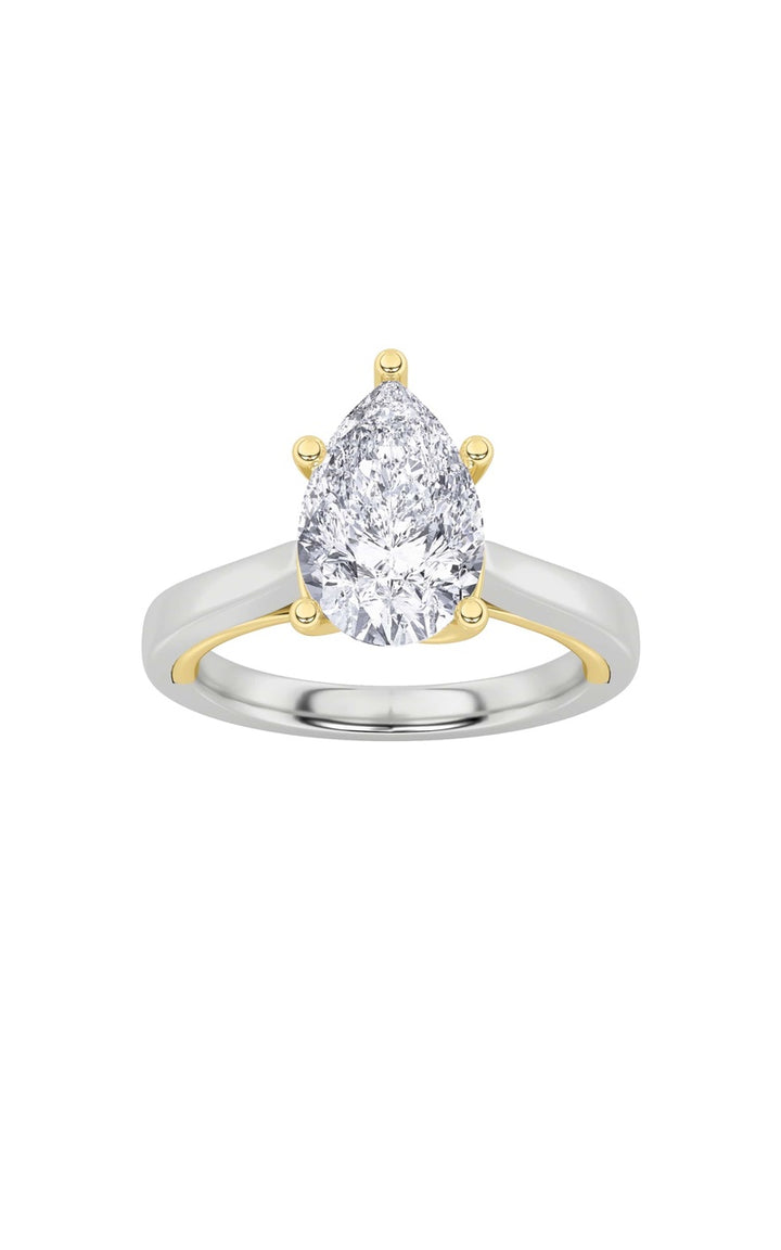 1Cttw Pear Shaped Lab Grown Diamond (F/VS) Two Tone Twisted Basket Cathedral Shank Solitaire Ring in14K Gold
