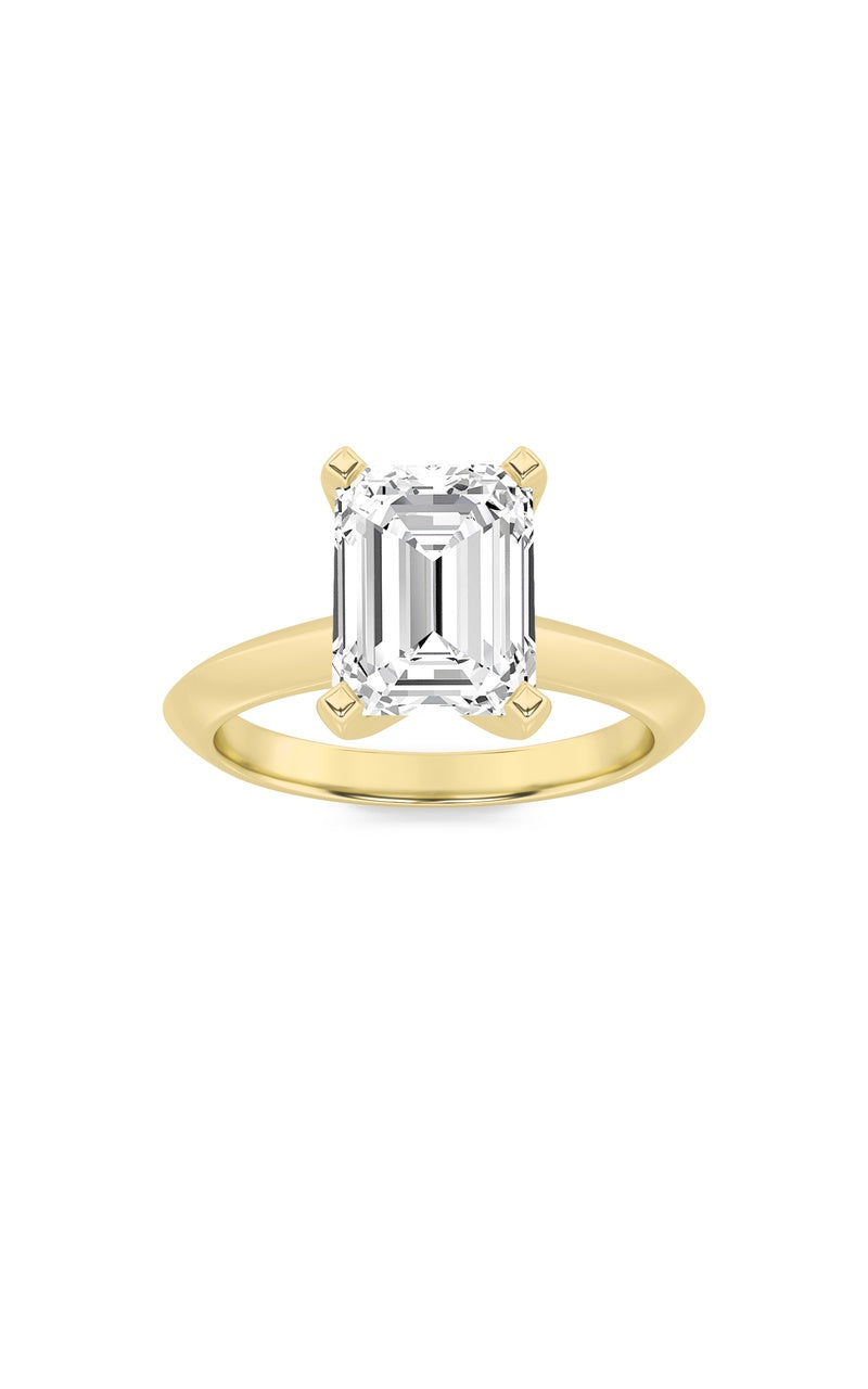 3CTW Emerald Shaped Lab Grown Diamond (F/VS) Knife Edge Shank Solitaire Engagement Ring in 14K Gold