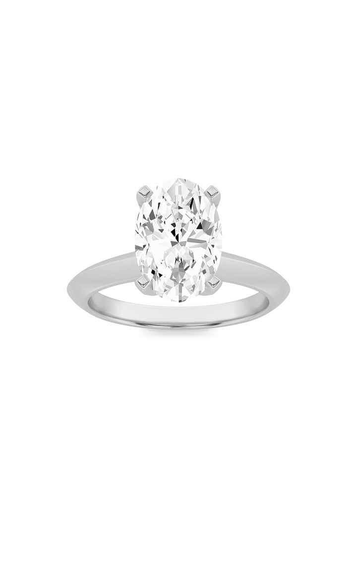 3CTW Oval Shaped Lab Grown Diamond (F/VS) Knife Edge Shank Solitaire Engagement Ring in 14K Gold