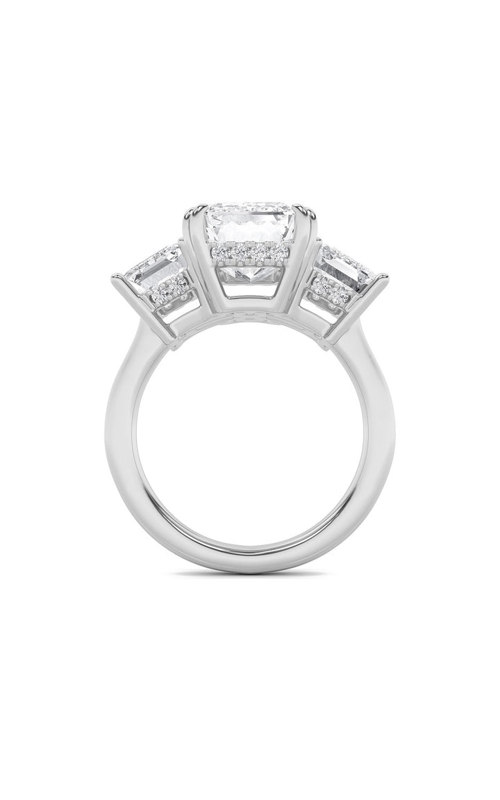 8.25Cttw Emerald Shaped Lab Grown Diamond (F/VS) Bold Three Stone Accented Ring in 14K Gold