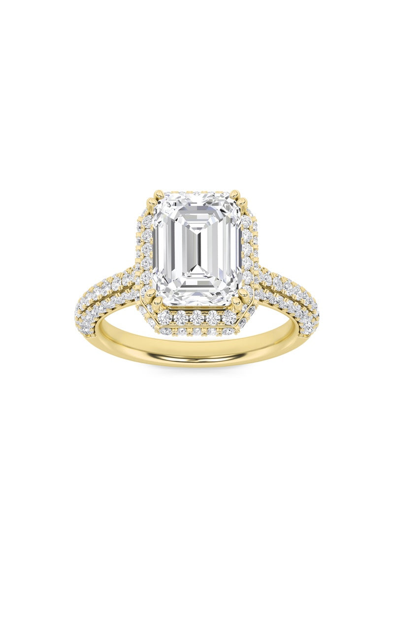 3Cttw Emerald Shaped Lab Grown Diamond (F/VS) HaloAccented Engagement Ring in 14K Gold