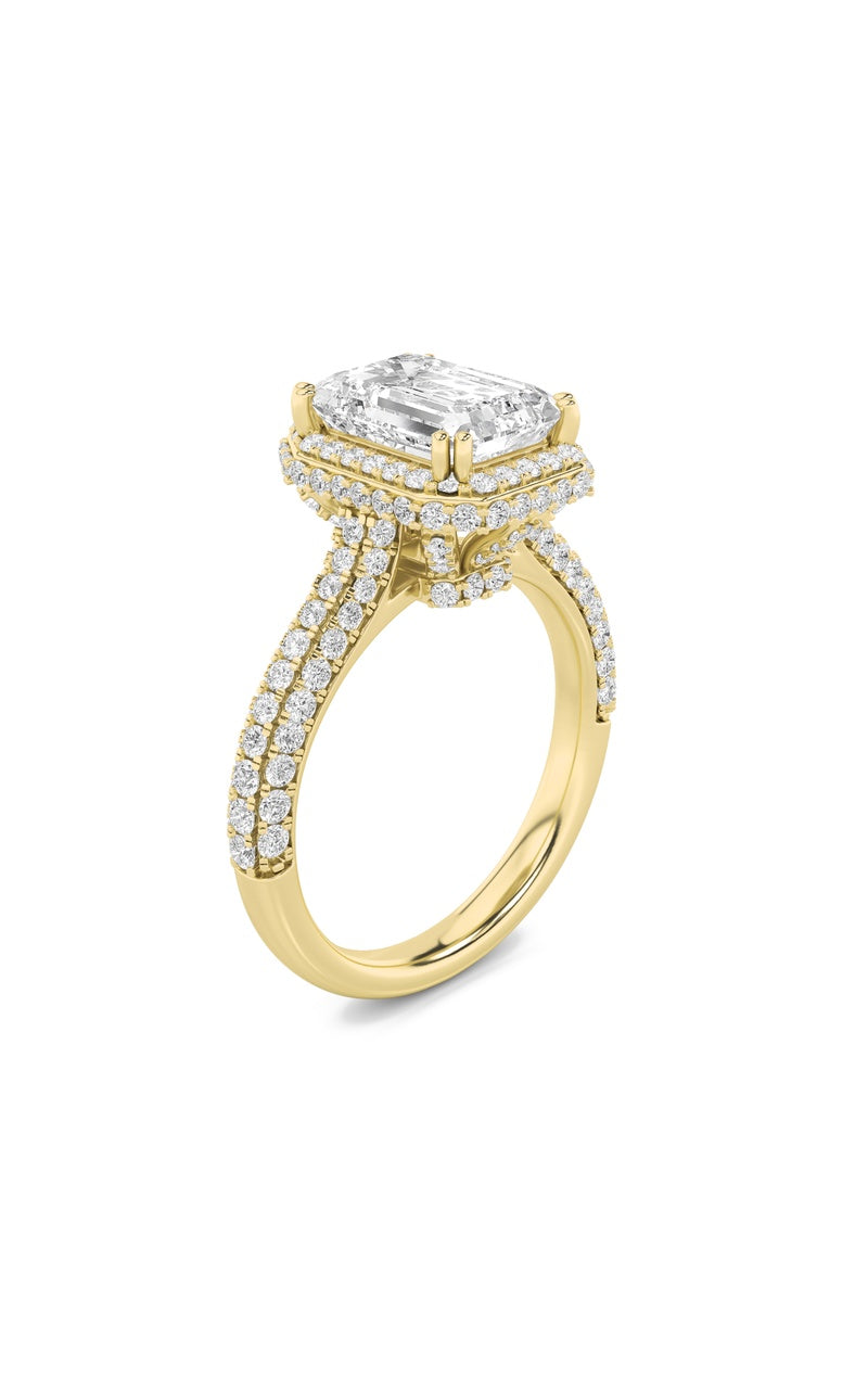 3CTW Emerald Shaped Lab Grown Diamond (F/VS) Halo Accented Engagement Ring in 14K Gold