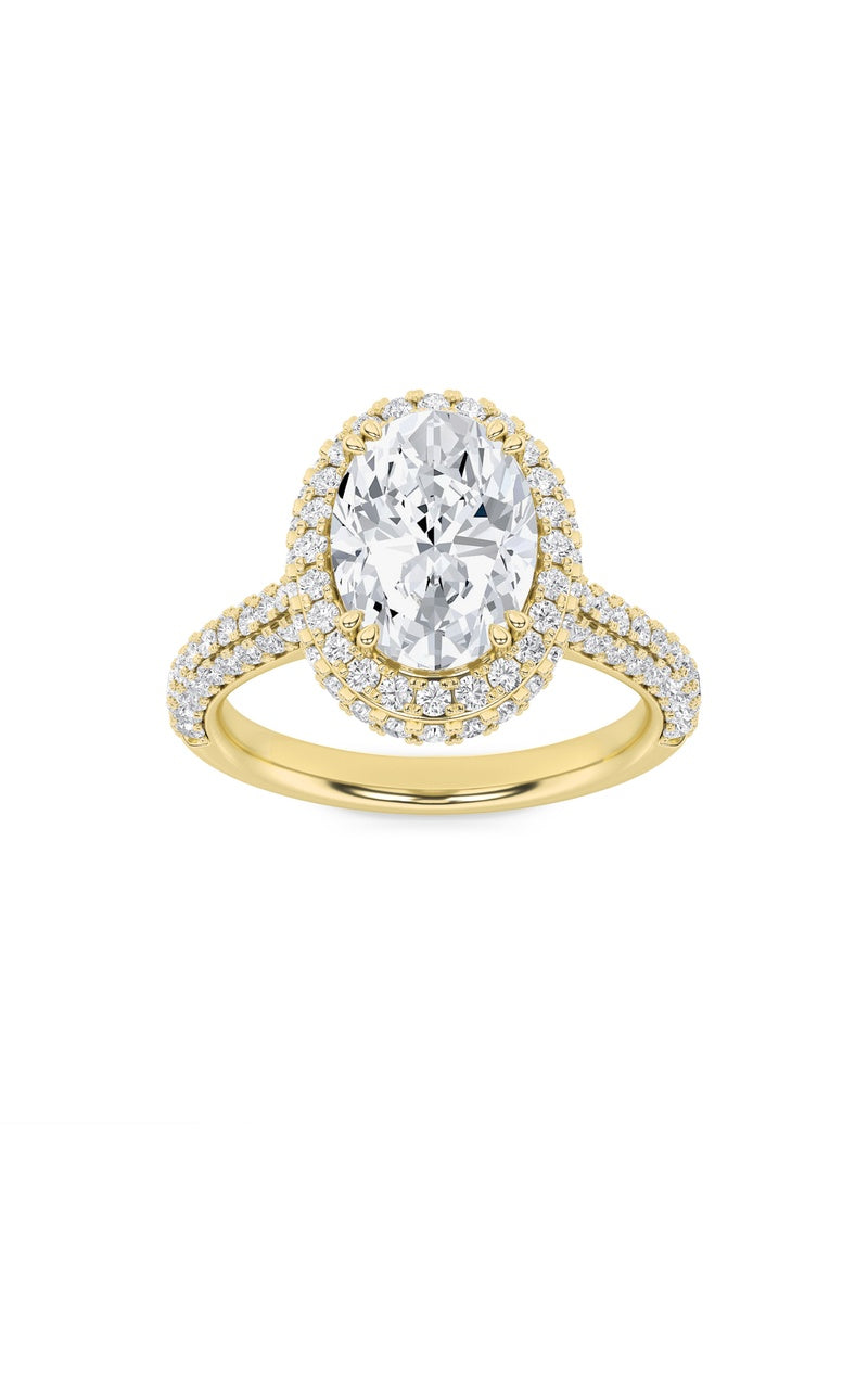 3Cttw Oval Shaped Lab Grown Diamond (F/VS) Halo Accented Engagement Ring in 14K Gold