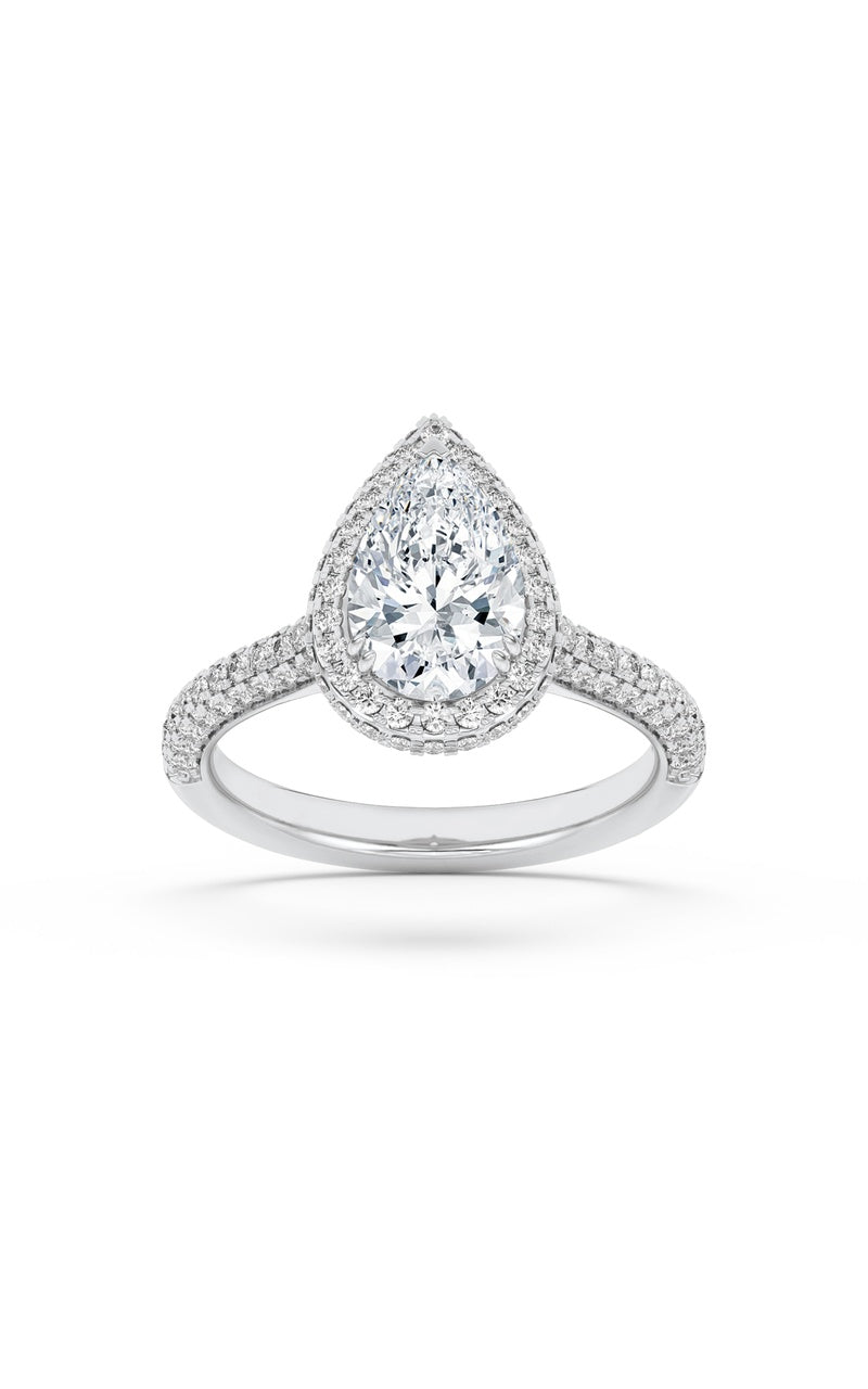 3Cttw Pear Shaped Lab Grown Diamond (F/VS) Halo Accented Engagement Ring in 14K Gold